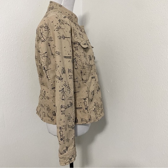 Christopher & Banks 2007 Tan Stretch Jacket Blazer Dog & People Sketch Drawing M - Picture 4 of 8
